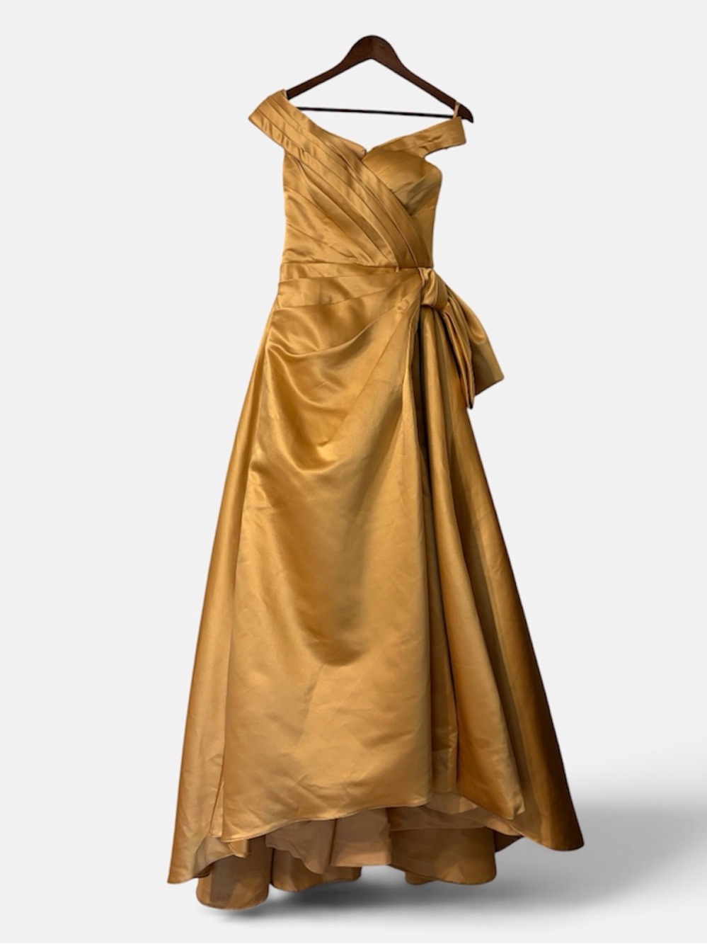 NWT Missacc Gold Off-The-Shoulder Satin Formal Gown High-Low Bow Dress XS